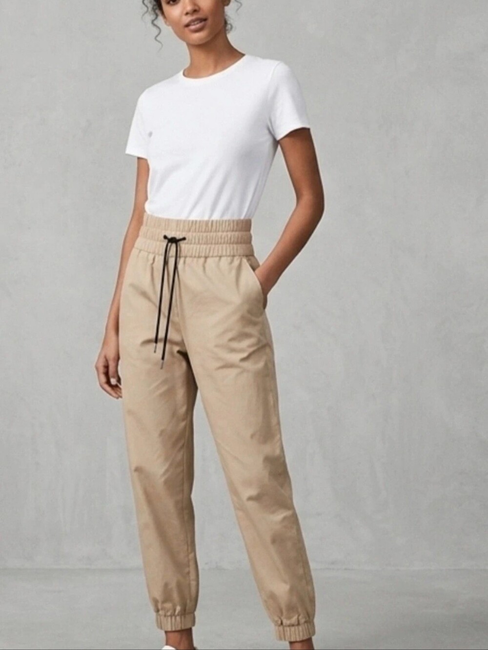 Zara Beige High-Waist Drawstring Joggers